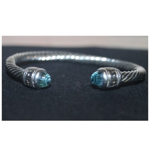 Twisted Cable Cuff 925 Sterling + 14K Greek Key Bracelet w Blue Topaz - Picture 1 of 9